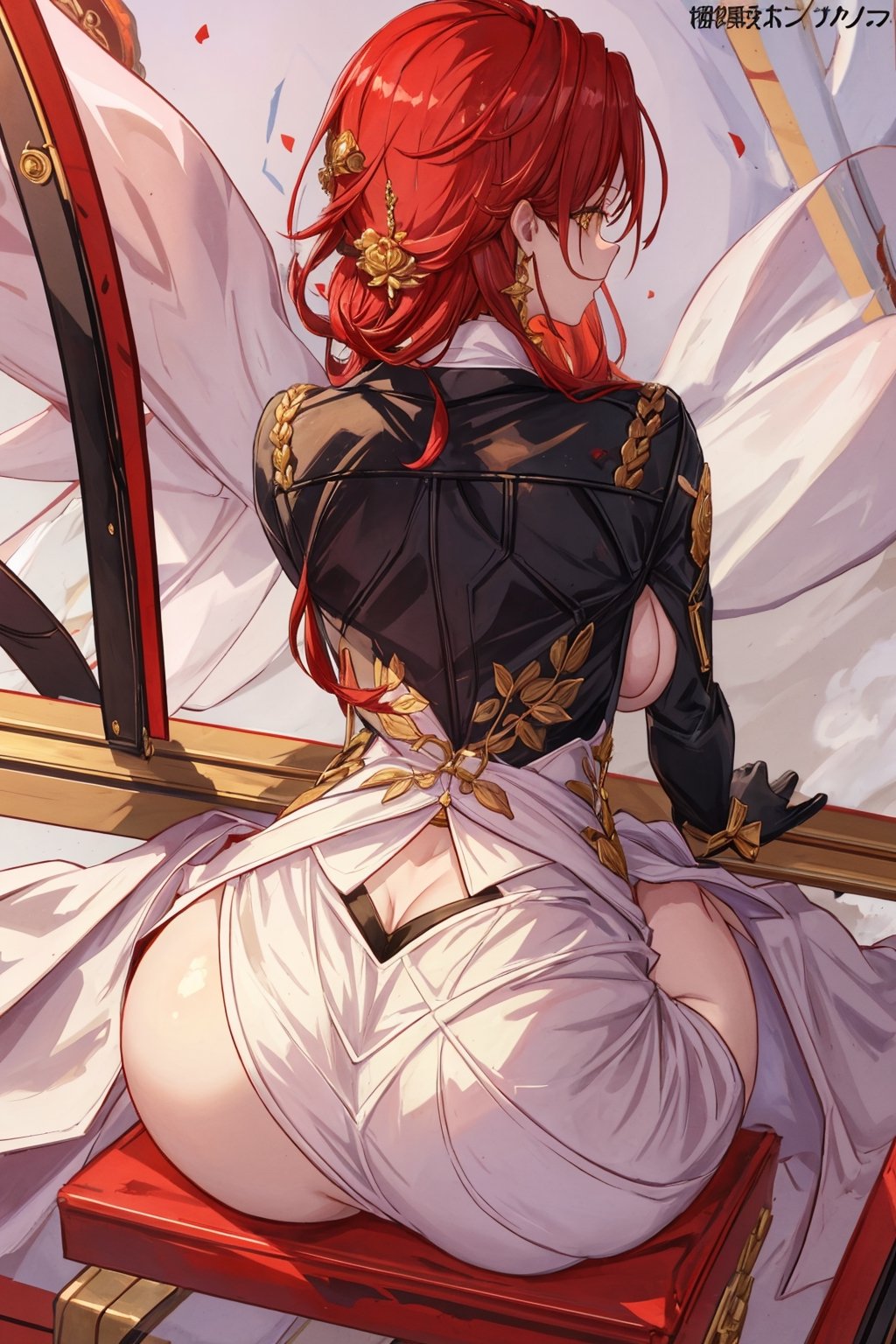 (Masterpiece, top quality, best quality, official art, beautiful and aesthetic:1.2), 1girl, official, head, yellow eyes, red hair, long hair, white dress, golden rose on neck, single earring, from_behind,ass