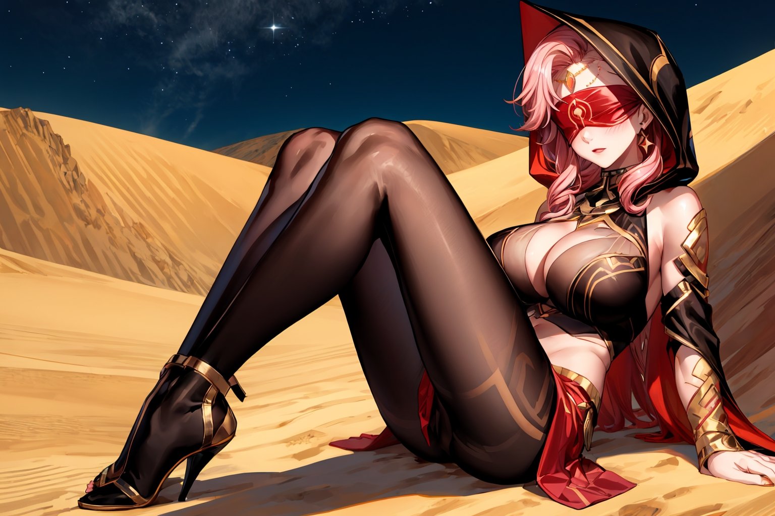 Babel, 1girl, solo, long hair, large breasts, bare shoulders, pink hair,  blindfold,desert sands,1 woman solo, busty figure, desert background, earrings hair_between_eyes jewelry blindfolded, night time, hood, high quality, best quality, 1girl, masterpiece, legs_open,pantyhose, high heels boots,GEM, detailed face,