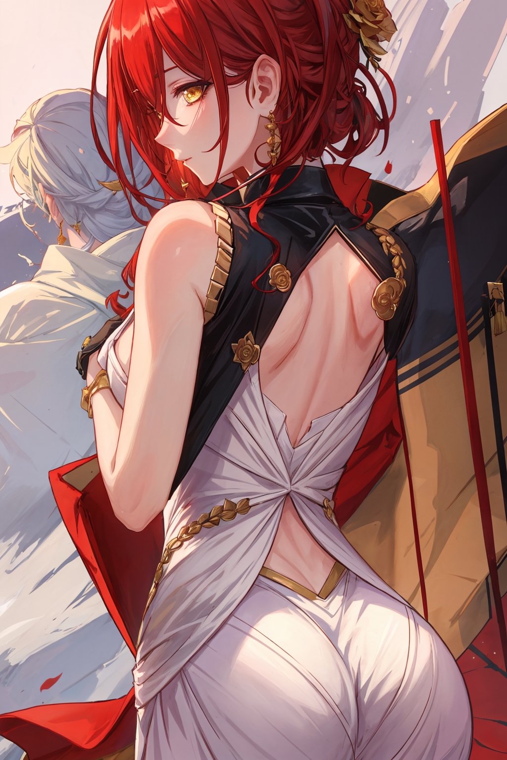 (Masterpiece, top quality, best quality, official art, beautiful and aesthetic:1.2), 1girl, official, head, yellow eyes, red hair, long hair, white dress, golden rose on neck, single earring, from_behind,ass,black coat