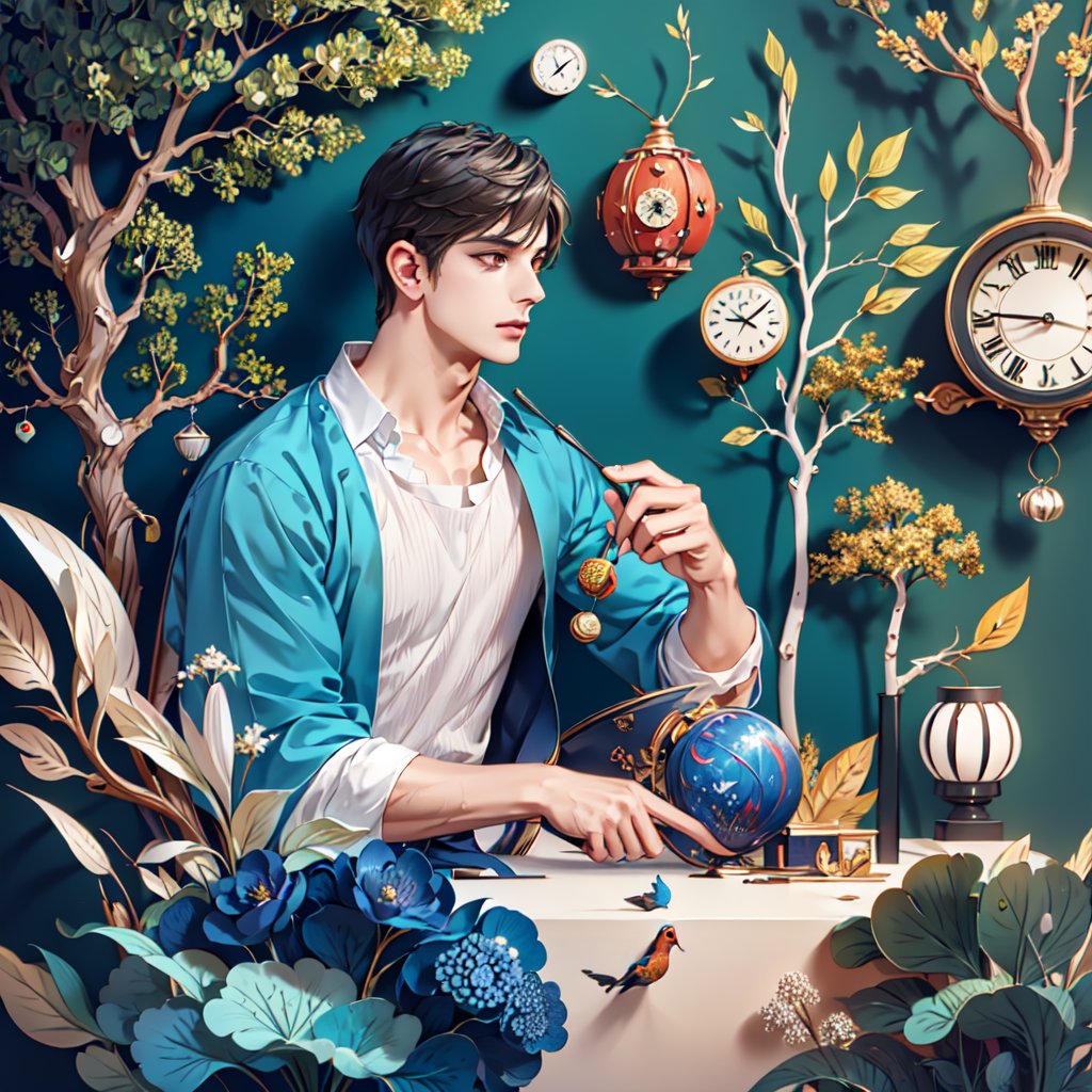 (masterpiece:1.1), (highest quality:1.1), (HDR:1.0), ambient light, ultra-high quality,( ultra detailed original illustration), (1male, upper body, front view camera, masculine, handsome, short hair, black hair, brown eyes), ((elegant fashion)), ((tree branches, clocks)), double exposure, fusion of fluid abstract art, glitch, (original illustration composition), (fusion of limited color, maximalism artstyle, geometric artstyle, junk art),paper_cut,1boy