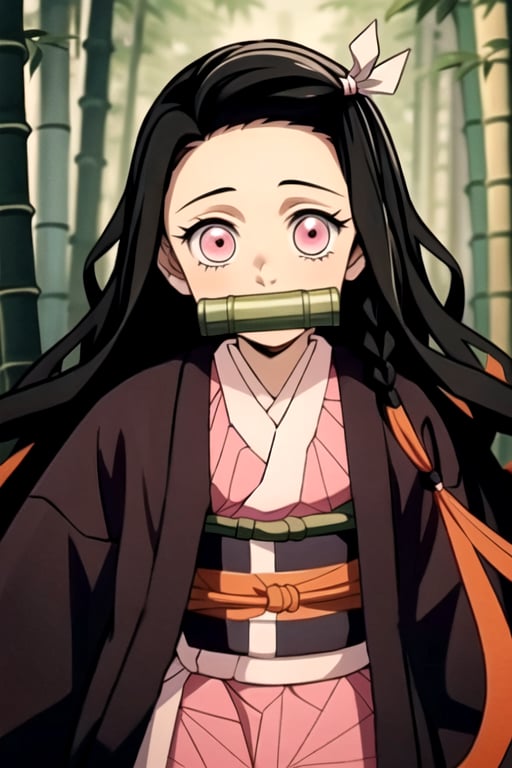 wear the nezuko costume,black hair,PING eyes,cute,tiny girl,japanese,kimetsu no yaiba,not tied,Pink Eyes,wear bamboo in the mouth,there is a hint of orange under his hair