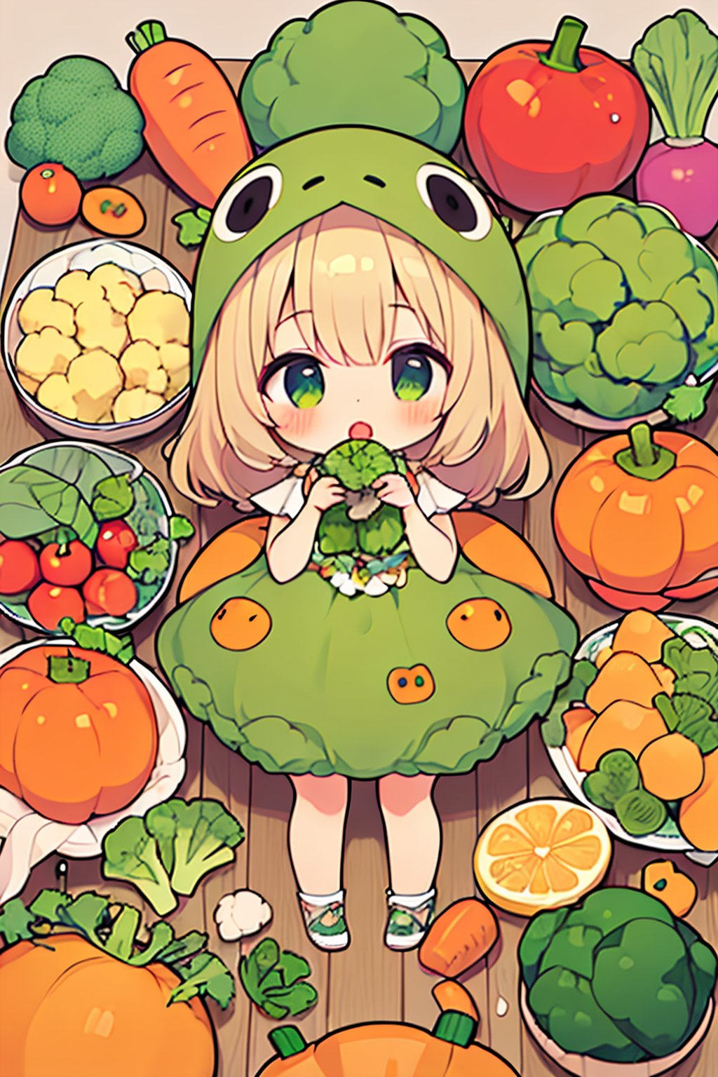 ((masterpiece:1.4, best quality)), ((masterpiece, best quality)),illustration,(1girl:1.5),(vegetables:1.5),(vegetables mascot costume:1.2),Carrot, Tomato, Potato, Spinach, Broccoli, Onion, Lettuce, Bell Pepper, Cucumber, Cauliflower, Eggplant, Zucchini, Pumpkin, Sweet Potato, Radish, Cabbage, Peas, Corn, Asparagus, Brussels Sprouts,chibi girl