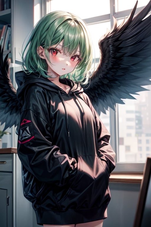 1girl, solo,red eyes,black wings,hoodie,green hair,long_hair 