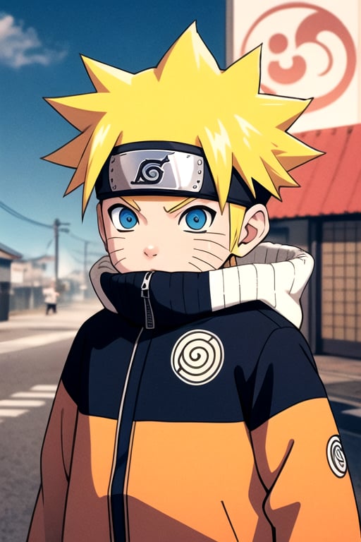 wear the naruto uzumaki costume,yellow hair,blue eyes,kawaii,chibi inset,tiny girl,japanese,naruto,not tied,blue Eyes ,there is a hint of yellow under his hair,uzumaki naruto