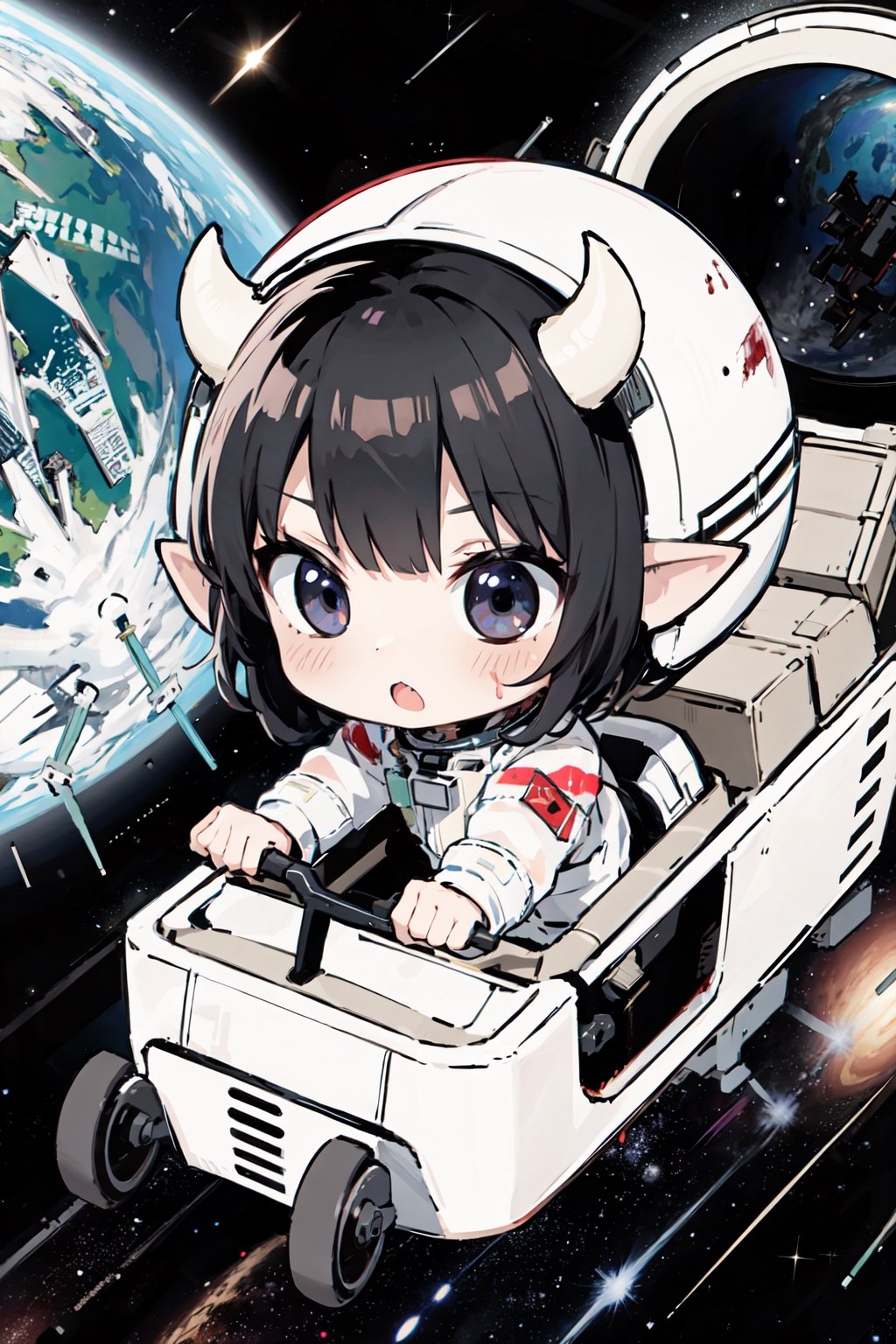 1girl, among us, black astronaut suit, black hair, black eyes, helmet, transparent helmet, holding bloody knife, in space ship, elf ears, black horns, chibi,
is running