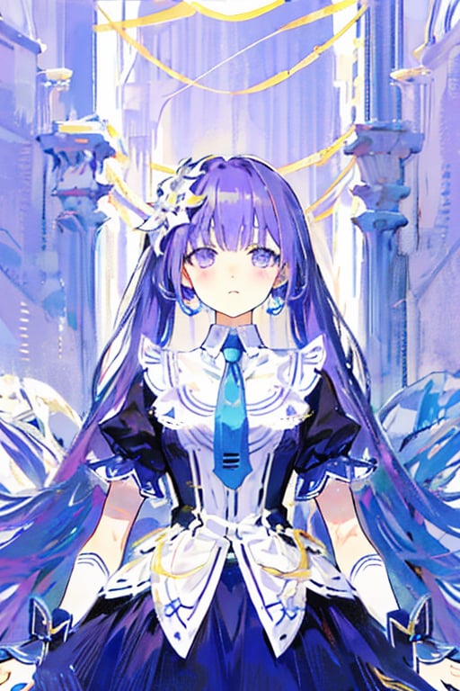 wear the izayoi costume,purple hair,purple eyes,beutiful,tall girl,not tied,purple Eyes,there is a hint of  purple under his hair,no_humans,izayoi miku,scenery