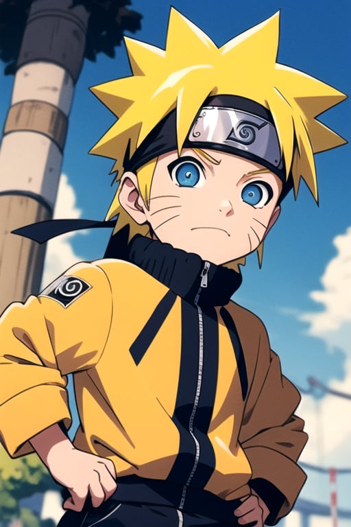 wear the naruto uzumaki costume,yellow hair,blue eyes,kawaii,chibi inset,tiny girl,japanese,naruto,not tied,blue Eyes ,there is a hint of yellow under his hair,uzumaki naruto