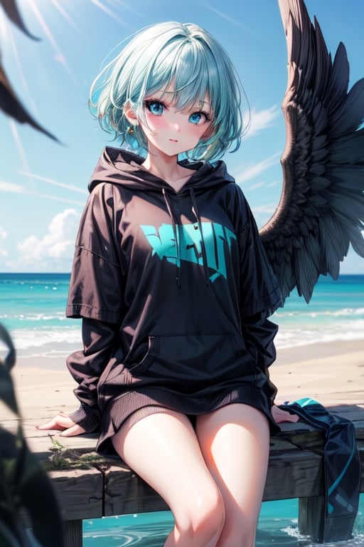 1girl, solo,blue eyes,black wings,hoodie,aqua hair,short_hair 