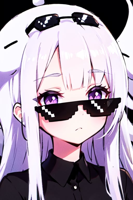 purple eyes silver hair wearing a long black enderman Beautiful girl with long hair black shiny eyes She is radiant in the morning in the direction of the image cute eyes, big eyes,incrsdealwithit,wear sunglasses,Ghast-chan