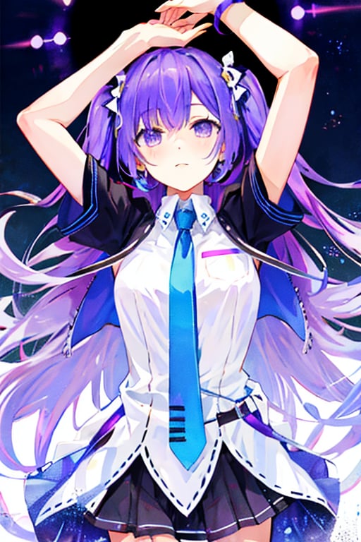 wear the izayoi costume,purple hair,purple eyes,beutiful,tall girl,not tied,purple Eyes,there is a hint of  purple under his hair,no_humans,izayoi miku