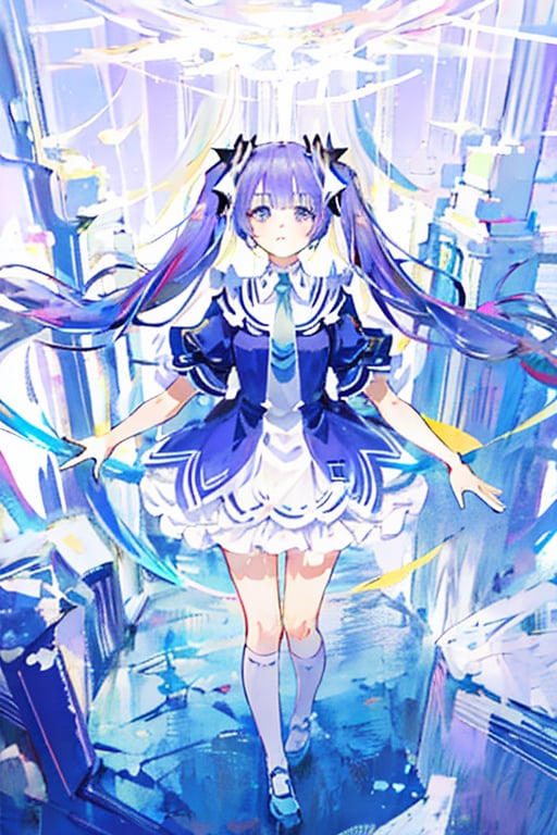 wear the izayoi costume,purple hair,purple eyes,beutiful,tall girl,not tied,purple Eyes,there is a hint of  purple under his hair,no_humans,izayoi miku,scenery