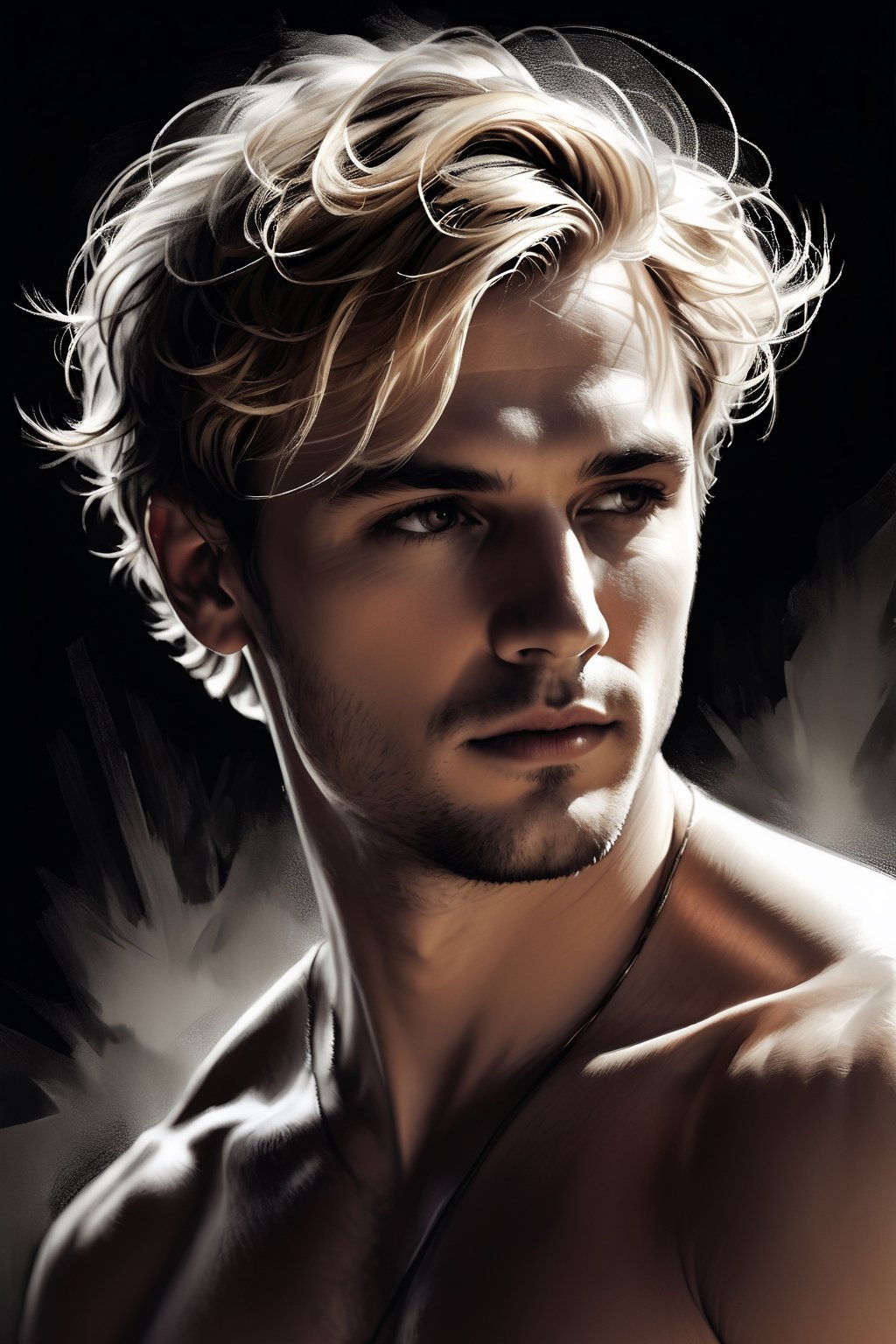 SelectiveColorStyle red, pencil Sketch of a handsome man 35 years old, with blonde short hair, messy hair, dark eyes, alluring, ink drawing, illustrative art, soft lighting, detailed, elegant, low contrast, add soft blur with thin line,  shirtless. dark and moody style, black red and white colors, masterpiece, professional, exquisite details, highly detailed, UHD, 64k