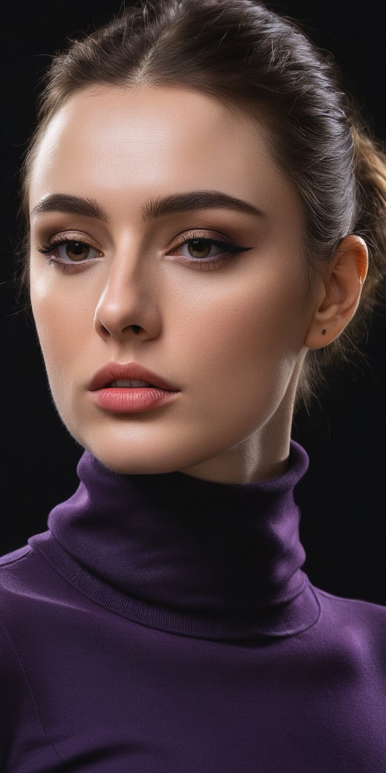 Arrogant woman, beauty face, 24 year, dasha taran, dark purple turtle_neck, masterpiece, look at viewer,photorealism, half body, standing with pose, side view, big hip,angry face, pitch black background, baroque