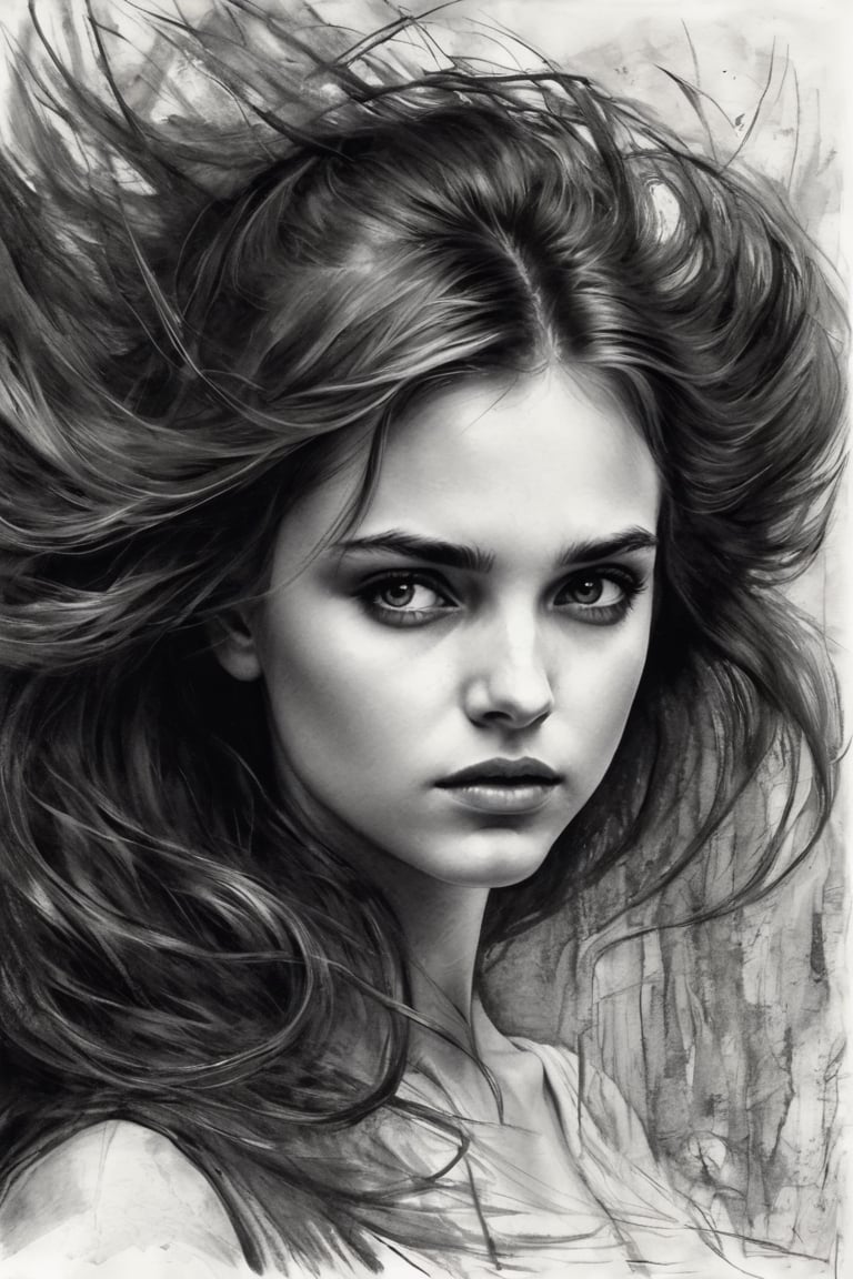 A hauntingly beautiful charcoal sketch of a young woman, featured as a close-up portrait on old, textured paper. The subject's abundant, tangled hair dances in the wind, and her pitiful eyes gaze upwards. The whimsical expressions and dark white and grey shades add to the sketch's expressive texture. The artistry, reminiscent of children's book illustrations and influenced by Vincent Callebaut, Angela Barrett, and David Lachepelle, blends beatnik fashion, dark fantasy, and anime elements. The linear, hyper-minimalist details and vibrant colors create a captivating, otherworldly scene, evoking a strong emotional response. The overall effect is a mesmerizing blend of styles, making it a truly unique and thought-provoking piece of conceptual art., 3d render, conceptual art, poster, dark fantasy, vibrant, portrait photography, cinematic, painting, illustration, anime