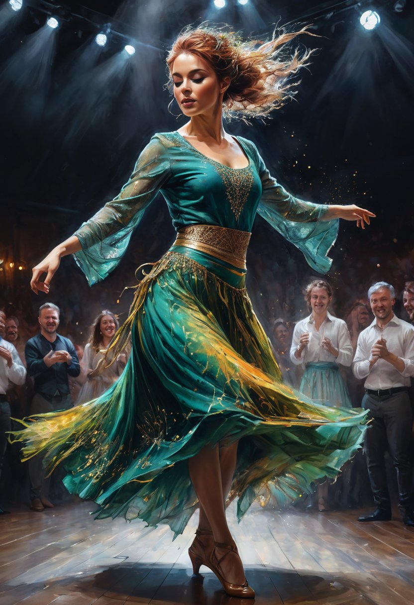 Irish woman dancing, celebration of tradition, carne griffiths and charlie bowater, high energy, dramatic angle