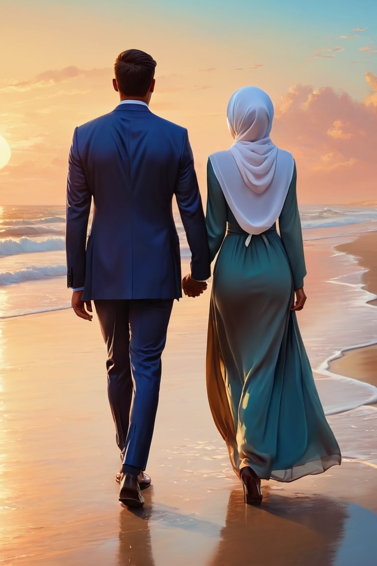 A lovely couple holding hand ((1 man with suits)) ((1 woman with hijab)), walking to sunset at beach, blown with soft wind, shown from the back view, in the fantasy art style of Artgerm  and Greg Rutkowski , with a hyper realistic and soft lighting style, smooth brush strokes, high resolution, high detail, cinematic,8k, face focus