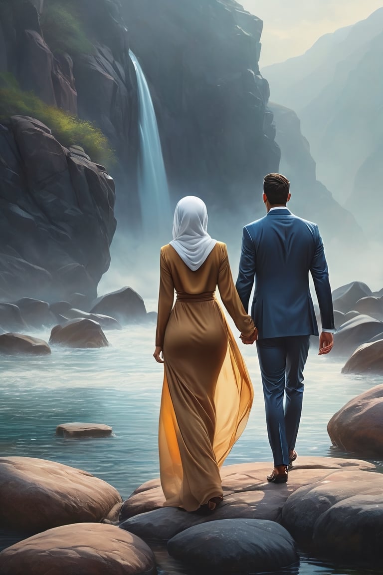 A lovely couple holding hand ((1 man with suits)) ((1 woman with hijab)), standing on misty rocks and water, blown with soft wind, shown from the back view, in the fantasy art style of Artgerm  and Greg Rutkowski , with a hyper realistic and soft lighting style, smooth brush strokes, high resolution, high detail, cinematic,8k, face focus