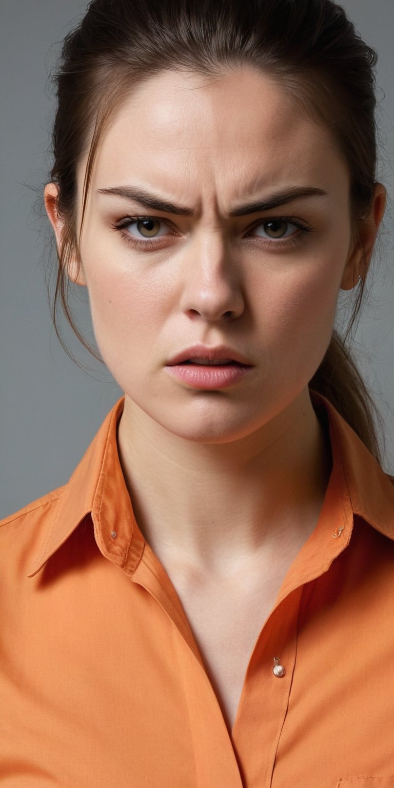 Arrogant woman, angry face, 24 year old, orange button shirt, masterpiece, photorealism, half body, standing with pose