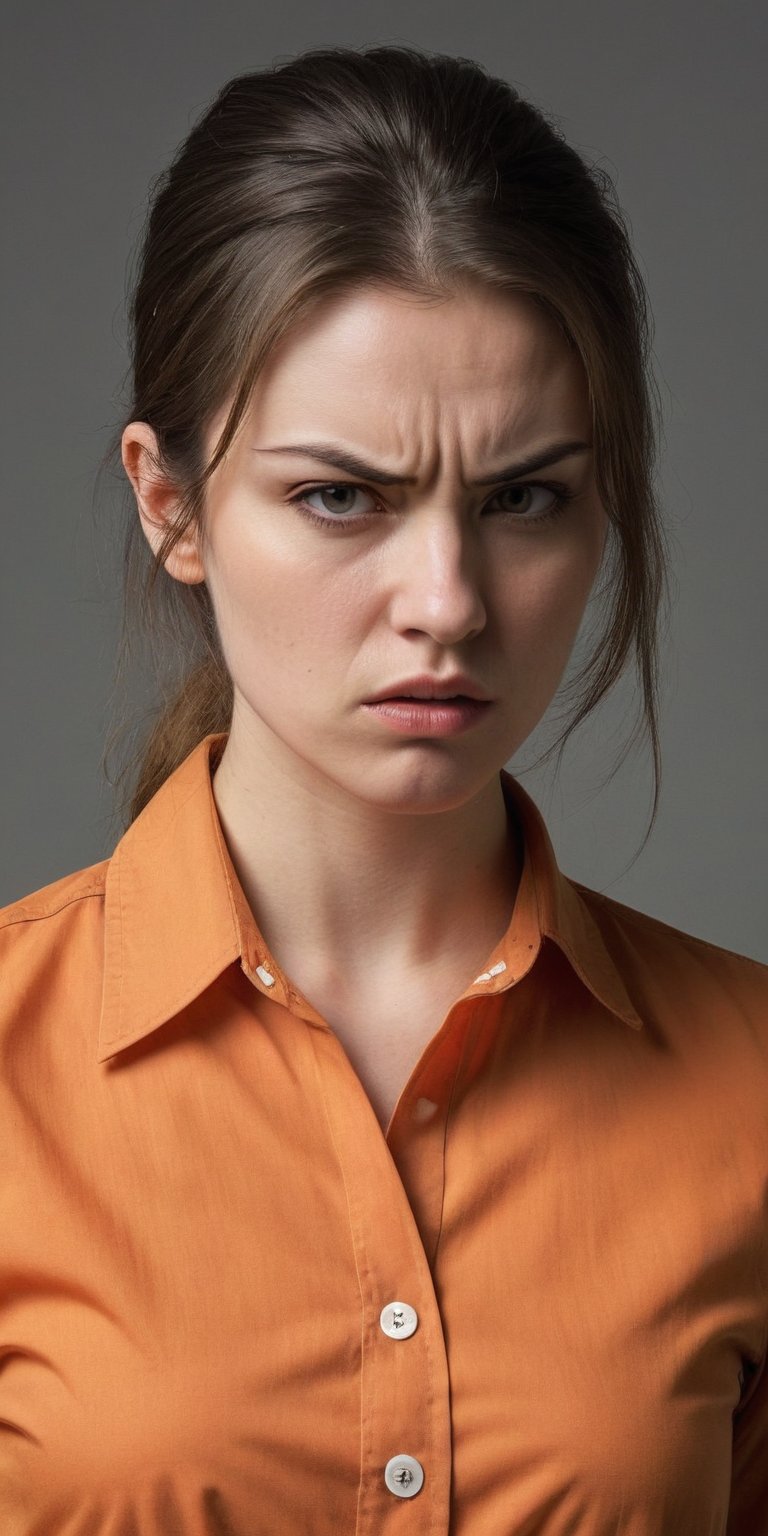 Arrogant woman, angry face, 24 year old, orange button shirt, masterpiece, photorealism, half body, standing with pose