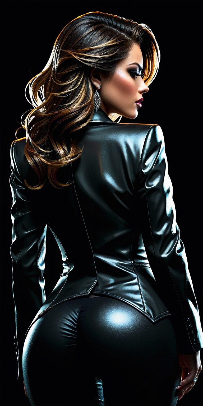 David Finch style, dark comic art, 30 yo beautiful woman with mafia suit,rear view, deep dark colors, chiaroscuro, sharp ink lines, high stakes atmosphere, 8k resolution, trending on Artstation, detailed textures, ominous shadows. . SLB.,Mxl