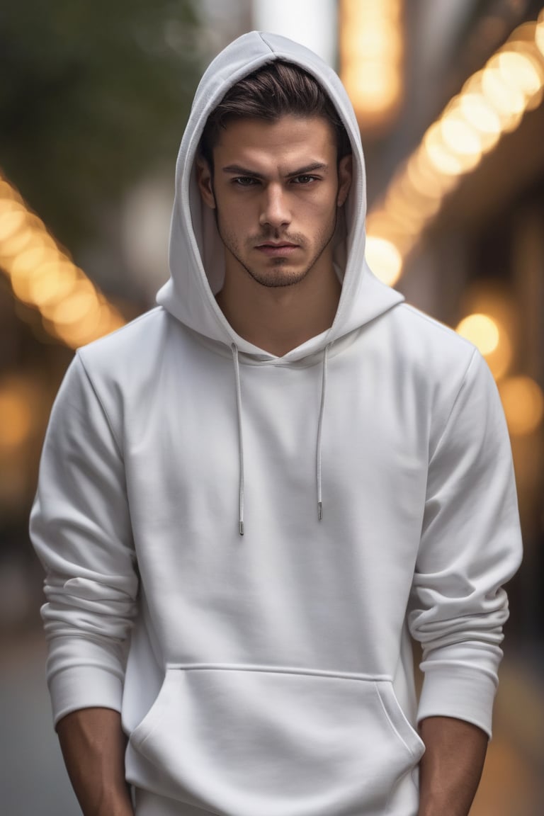 arrogant man face, with hoodie, bokeh, mariao de vaio, angry face, white shirt, masterpiece, photorealism, full body, standing, smirking, standing with pose