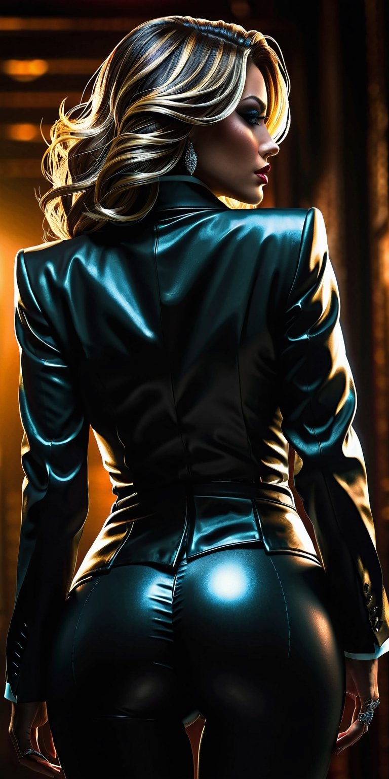 David Finch style, dark comic art, 30 yo beautiful woman with mafia suit,rear view, deep dark colors, chiaroscuro, sharp ink lines, high stakes atmosphere, 8k resolution, trending on Artstation, detailed textures, ominous shadows. . SLB.,Mxl