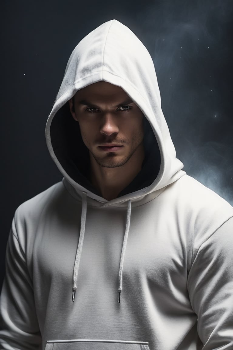 arrogant man face with hoodie, bokeh, mariao de vaio, angry face, white shirt, masterpiece, photorealism, full body view,  pinlight smirking, side vew, standing in the dark hill, baroque, rear view