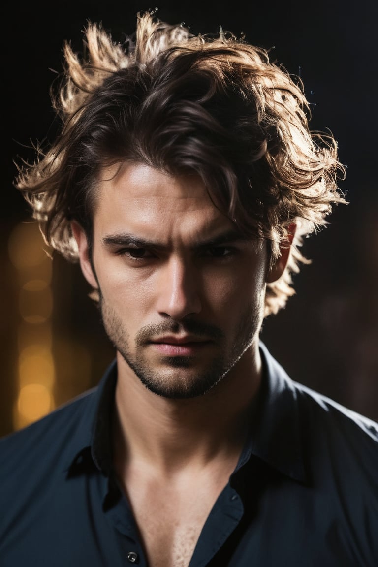 Handsome man with messy hair, abgry pose, bow down, masterpiece, dark background, bokeh