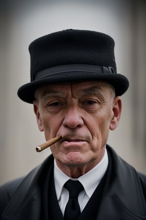 Old man in 50 year old, hat,long black coat, cigar in mouth, smoking,gangstar, under ground business, raining, cool, close up shot,90s vibe,clean shot,peaky blinders style ,perfect