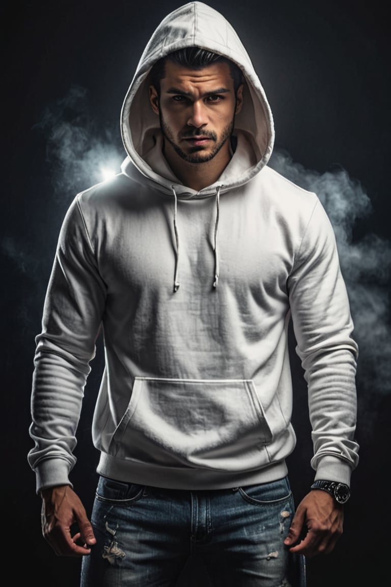 arrogant man face with hoodie, jeans, bokeh, mariano de vaio, angry face, white shirt, masterpiece, photorealism, full body,  pinlight smirking, side vew, standing in the dark hill, baroque, rear view