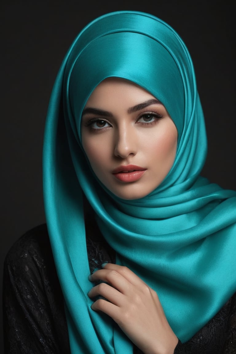 Extremely beautiful woman in fashion turqoise hijab with wonderful face, closed_eyes, in shy pose, standing alone, dark background, photorealism, tall and sexy