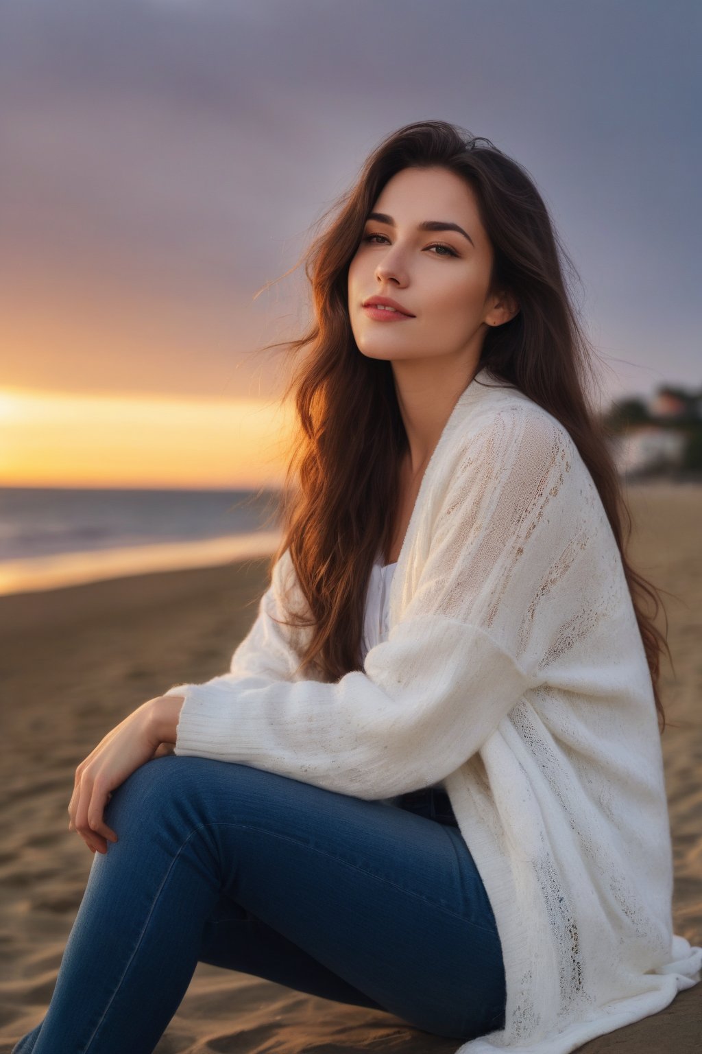 Beautiful woman in cardigan white shirt and jeans, long dark flowing hair, smirking, sit at beach, penaive look at the sunset, bokeh, photorealism, masterpiece, baroque, 