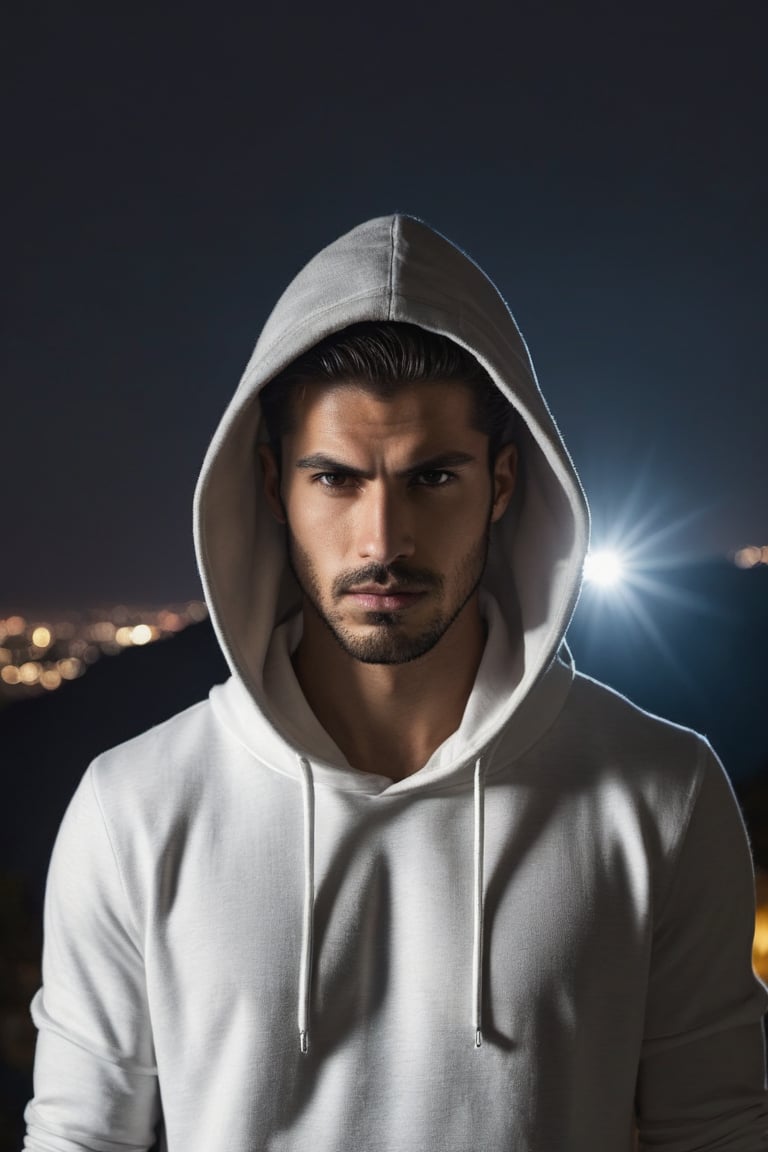 arrogant man face with hoodie, jeans, bokeh, mariano de vaio, angry face, white shirt, masterpiece, photorealism, full body,  pinlight smirking, side vew, standing in the dark hill, baroque, rear view