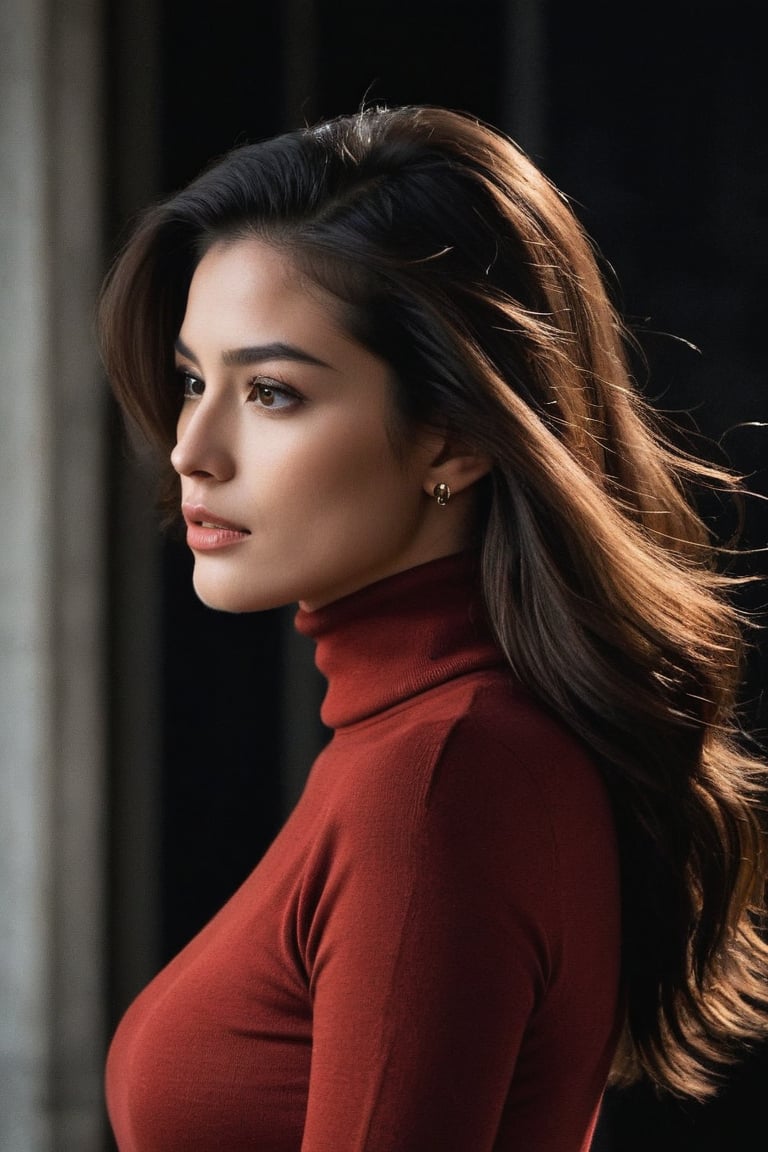 Pretty woman 19 year old with red turtle neck, masterpiece, photorealism, half body, standing with pose, side view, jawline, black long flowing hair,wonderful face, smirking, looking-at-viewer, yelling, dark background, baroque