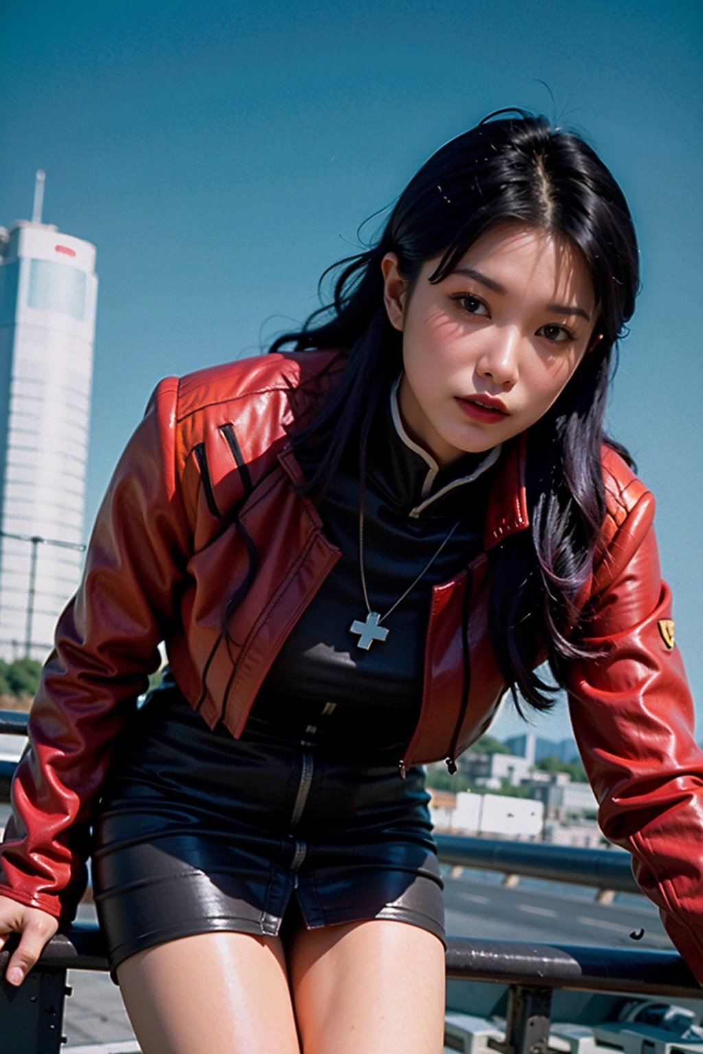 Analog photo, low angle, action, 
katsuragi misato, purple hair, brown eyes, black dress, cross necklace, high collar dress,  red jacket,
cityscape, cyberpunk, highway, blue sky, 
8k, high quality, film grain, Fujifilm superia, AiMi