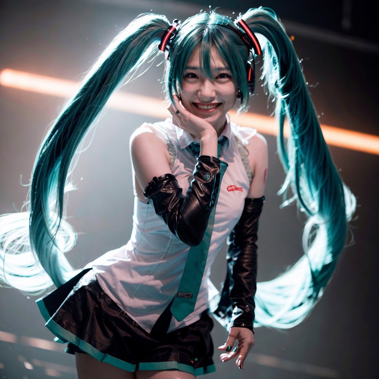 cinematic photo of (muscular:1.3), beautiful hatsune miku,  twintails,  mikudef,  (smile to the camera), (dynamic dance),  fullbody, (neon light:1.3)