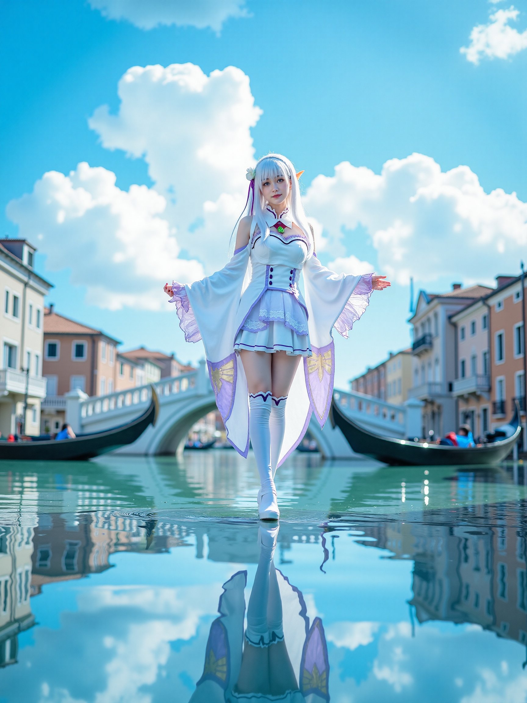 A retro analog photography with a dreamy and romantic atmosphere. The scene emphasizes serenity,  reflection,  and surreal...