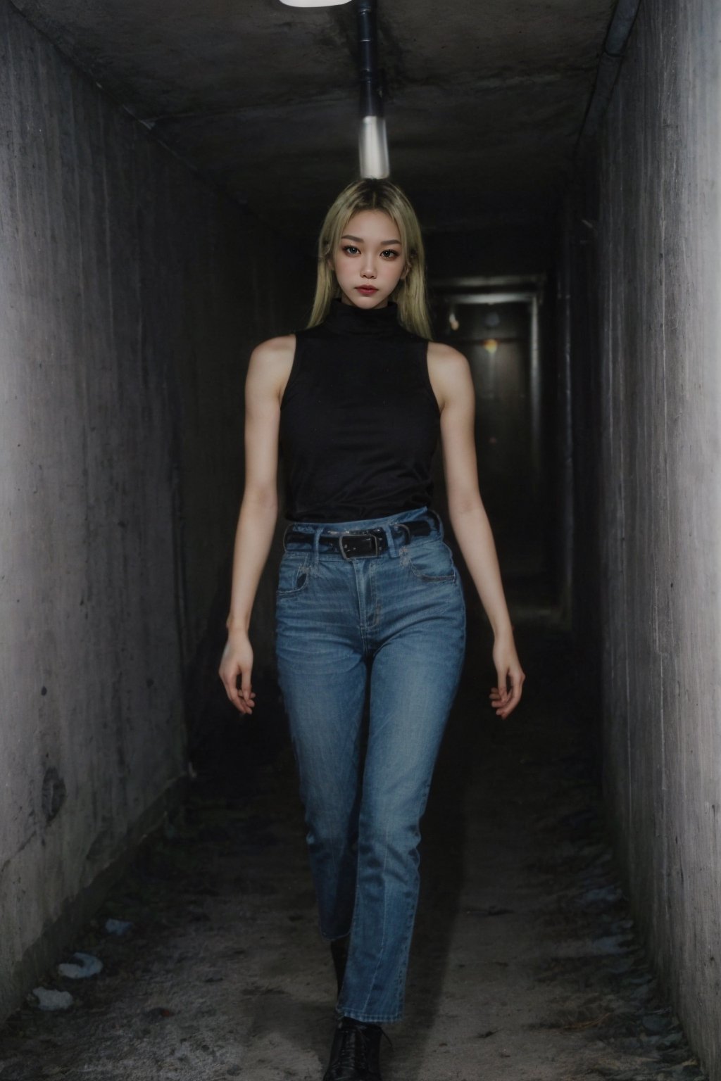 (((masterpiece))), ((best quality)), ((intricate detailed)), ((Hyperrealistic)), 
YukiTsukumo, 1girl, dynamic pose, ((slim, slender)), (((blonde))), long hair, female focus, solo, sleeveless turtleneck, black leather belt, denim pants, black leather shoes, 
detailed background, underground hallway