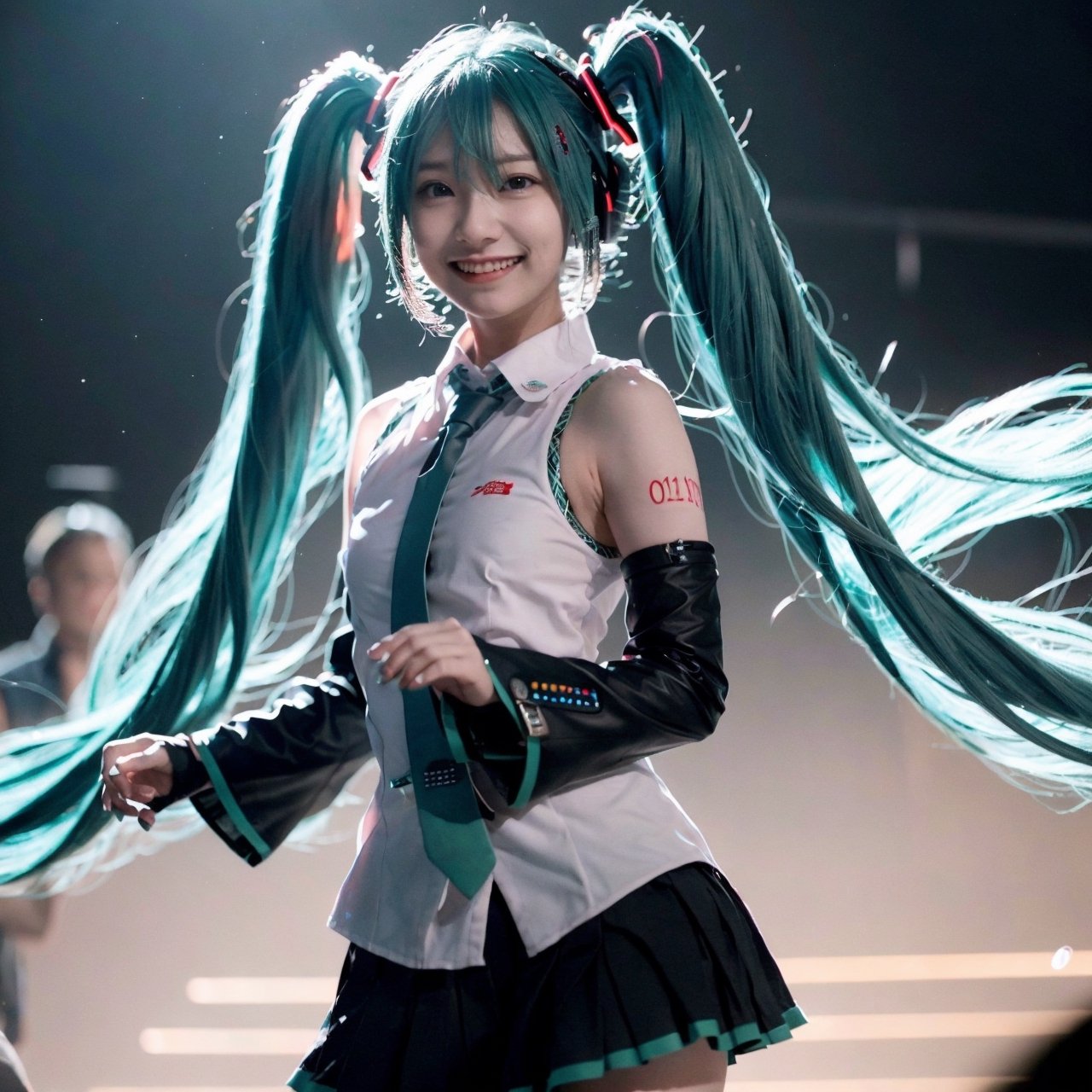 cinematic photo of (muscular:1.5), beautiful hatsune miku,  twintails,  mikudef,  (smile to the camera), (dynamic dance),  fullbody, (neon light:1.3),realhands