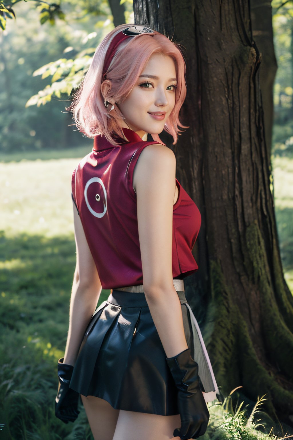 masterpiece, best-quality, photorealistic, raw photo,

1girl, sakura haruno, (green eyes:1.2), hairband, short hair, (pink hair:1.4), (small breast:1.2), bare shoulders, (black gloves:1.2), forehead protector, konohagakure symbol, ninja, (red shirt:1.5), shirt, (sleeveless:1.2), sleeveless shirt, (black short skirt:1.5), (tight shorts:1.2)

looking at viewer, smiling, MFBP1

japanese old forest, torii, tree, stone, grass, 

backlighting, fog, day lighting, birch light, sun rays, volumetric light