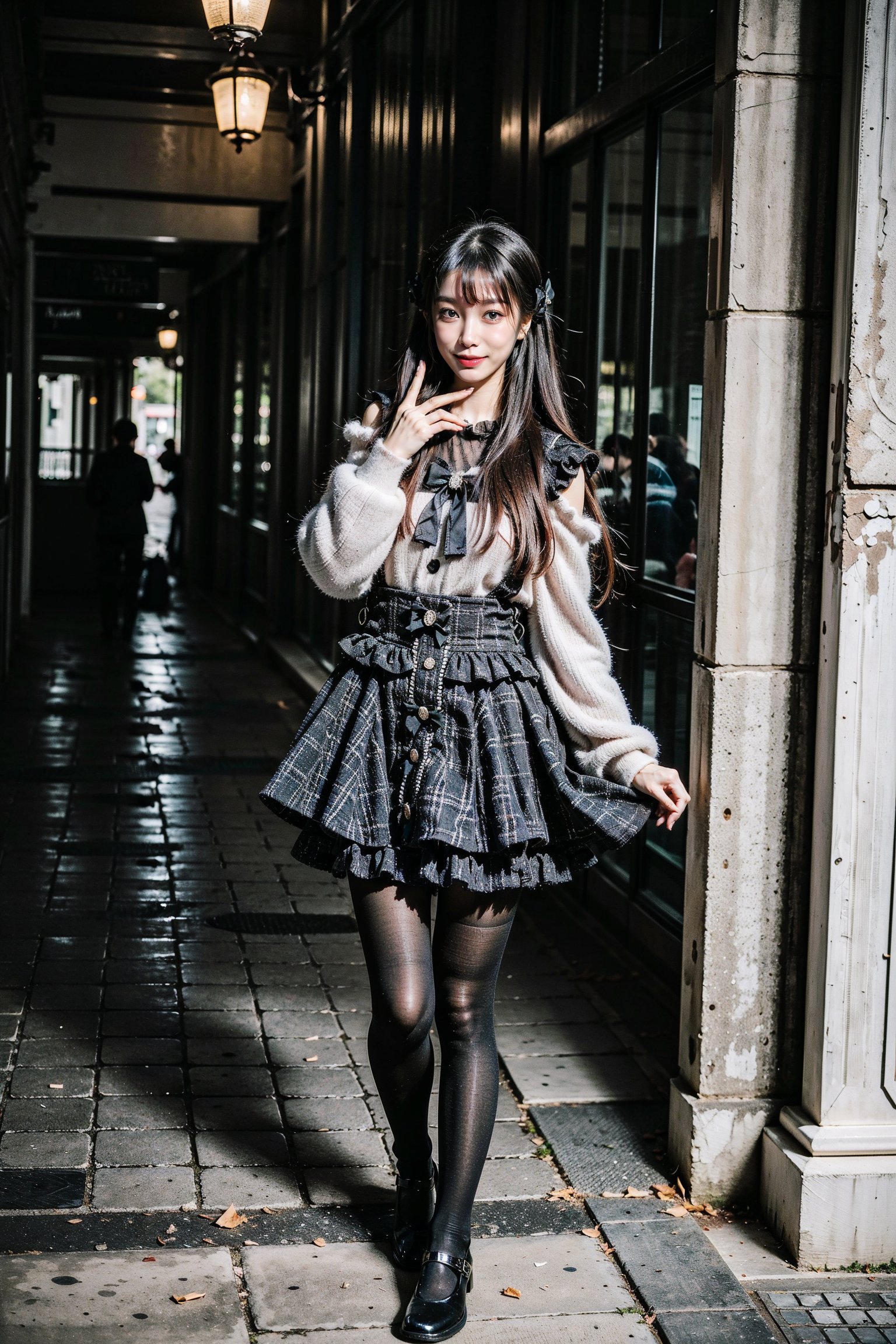 masterpiece, photrealistic (best quality:1.2), [:intricate details:0.2], 1girl, solo, black hair, long hair, twintails, dating attire, sweater, black sweater, bow sweater, shoulder cutout, black skirt, buttons skirt, suspender skirt, pantyhose, shoes, full-body shot