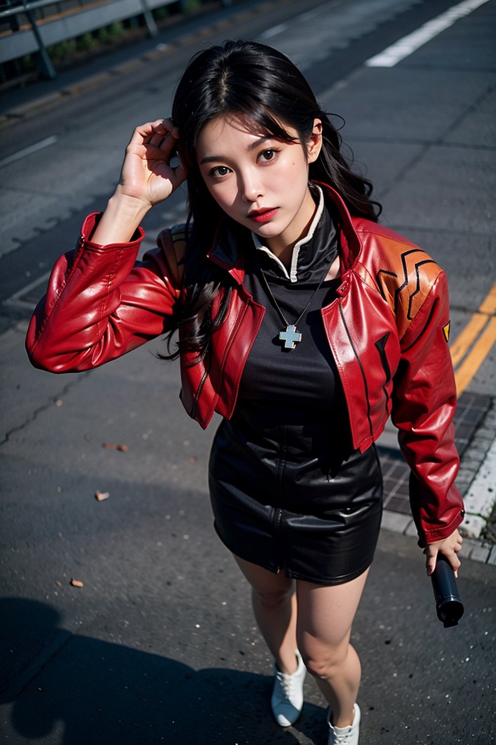 Analog photo, top angle, shot from above, action, 
katsuragi misato, brown eyes, black dress, cross necklace, high collar dress,  red jacket,
cityscape, cyberpunk, highway, blue sky, 
8k, high quality, film grain, Fujifilm superia, AiMi