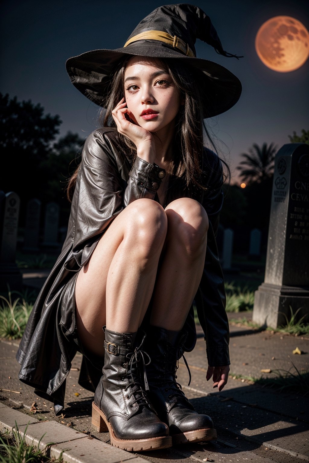 1girl, slender, witch, boots,
night, graveyard, red moon,
yellow eyes, perfect eyes, eye_shadow, black lipstick, perfect skin, detailed skin,