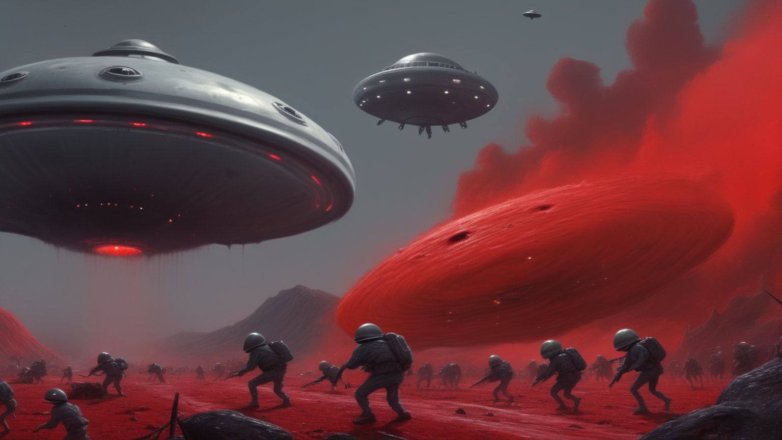 (medium shot of dark fantasy movie scene), (((ugly Horrible creepy military army fighting grey aliens near UFO flying saucer))), ((creepy military base background)), dark fantasy, dark color scheme, hyper realistic, red paint scattered, black paint scattered, raw, cinematic, photorealism, 8k, intricately detailed, award winning, acrylic palette knife, style of makoto shinkai studio, james gilleard, greg rutkowski, chiho aoshima,darkart,more detail XL,potma style