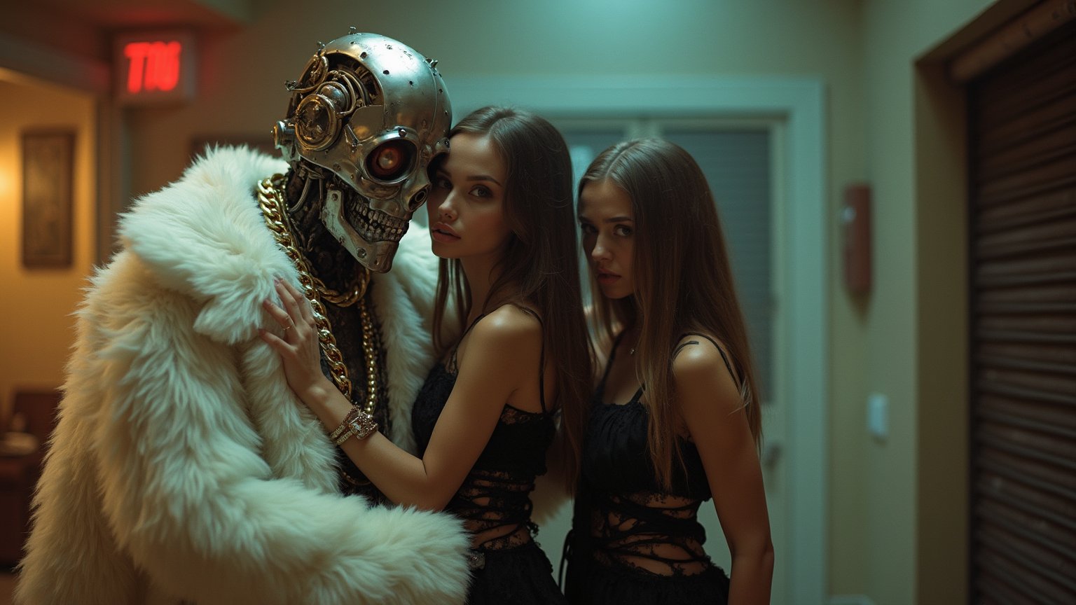 Ultra realistic close-up analog photo, depth of field, cinematic movie still, An old animatronic robot pimp with a gold chain around his neck dressed in a white fur coat hugs two girls in black tattered dresses.