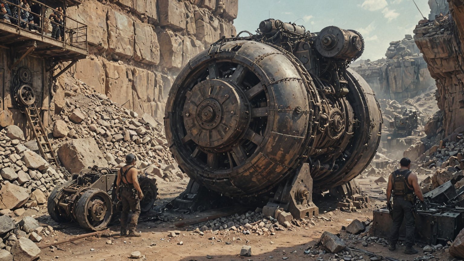 (medium shot of a huge giantic robotic dieselpunk mechanism with a huge circular saw cuts a rock), (there is mining dieselpunk equipment below), (a lot of small people in rags and chains carry boulders), (vintage retro futuristic dystopian dieselpunk atmosphere), (dieselpunk starship starstation in desert background), (vintage sci-fi), (determined expression:1.3), dystopian era, realistic, ambient light, cinematic composition, wide-angle lens, best quality, masterpiece