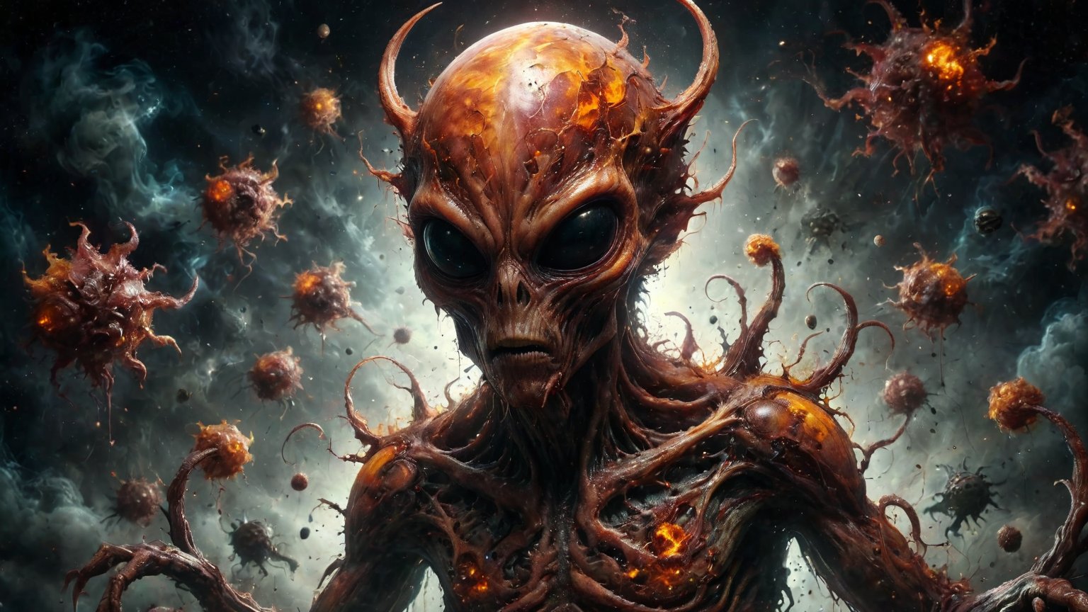 ((intense fisheyelens photograph)/(strong fishseyeview photograph)),  painting of a terrible space alien creature ,  with...