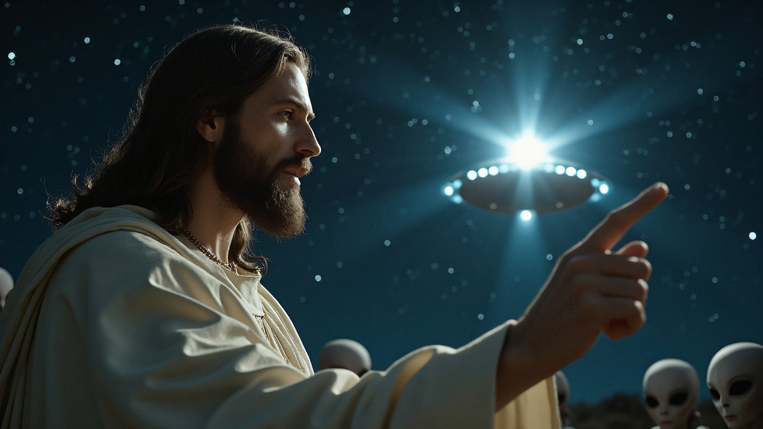 Ultra realistic close-up analog photo of Jesus Christ,  depicted in a serene and compassionate pose,  points towards a bri...