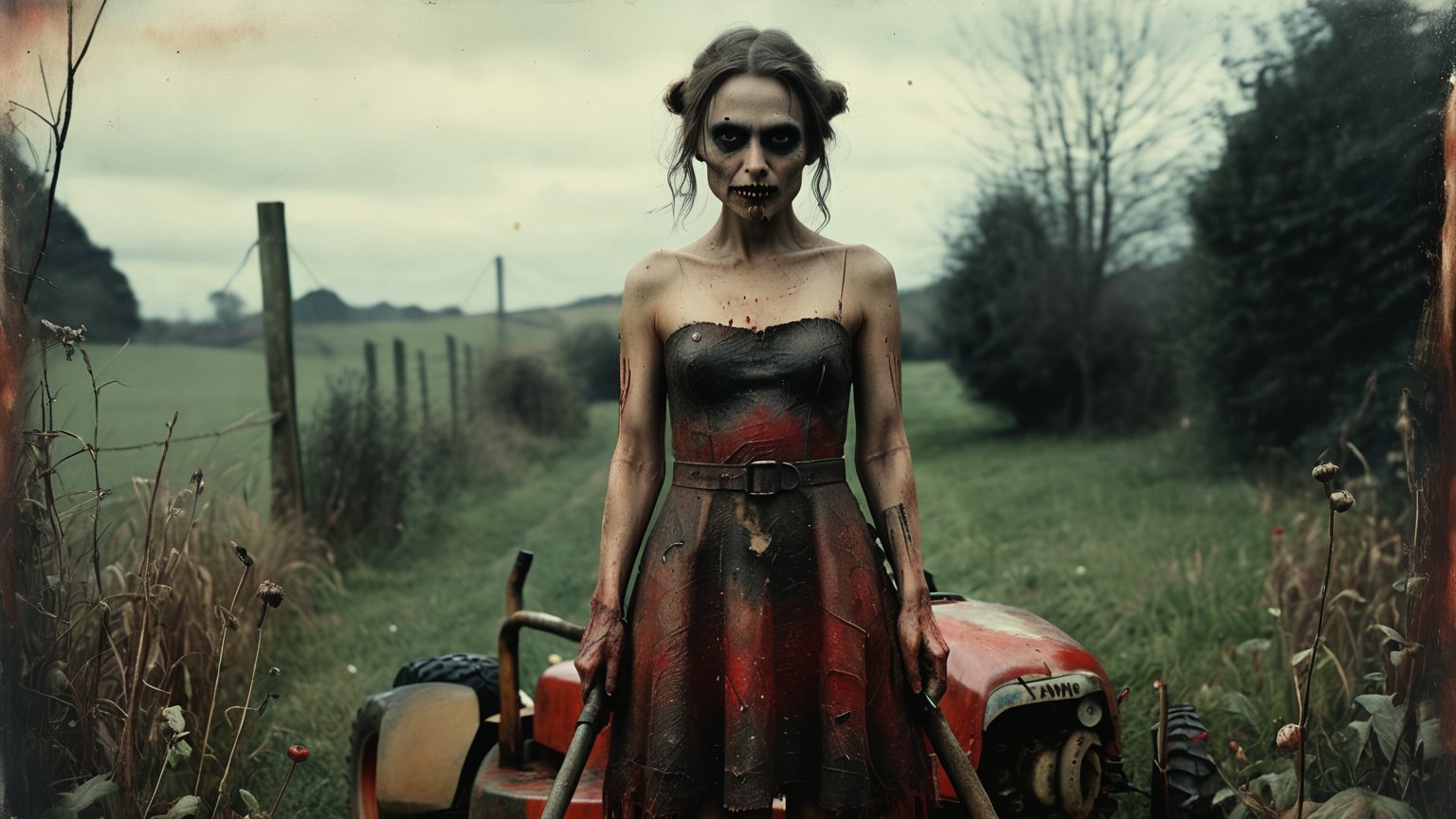 (((full body angry SIBITORO female character with large black eye sockets, a creepy mouth with hundreds of teeth dressed in a torn red dress stands next to a lawn mower with a huge knife in his hand))), full body shot, ((dark dirty vintage flowers garden background)), high detail, 8k, masterpiece, realistic photo, horror, ct-horror, fantastical, intricate detail, complementary colors, horror fantasy concept art, (in the style of Hans Heysen and Carne Griffiths), shot on Canon EOS 5D Mark IV DSLR, 85mm lens, long exposure time, f/8, ISO 100, shutter speed 1/125, award winning photograph, facing camera, perfect contrast,cinematic style,cibtr