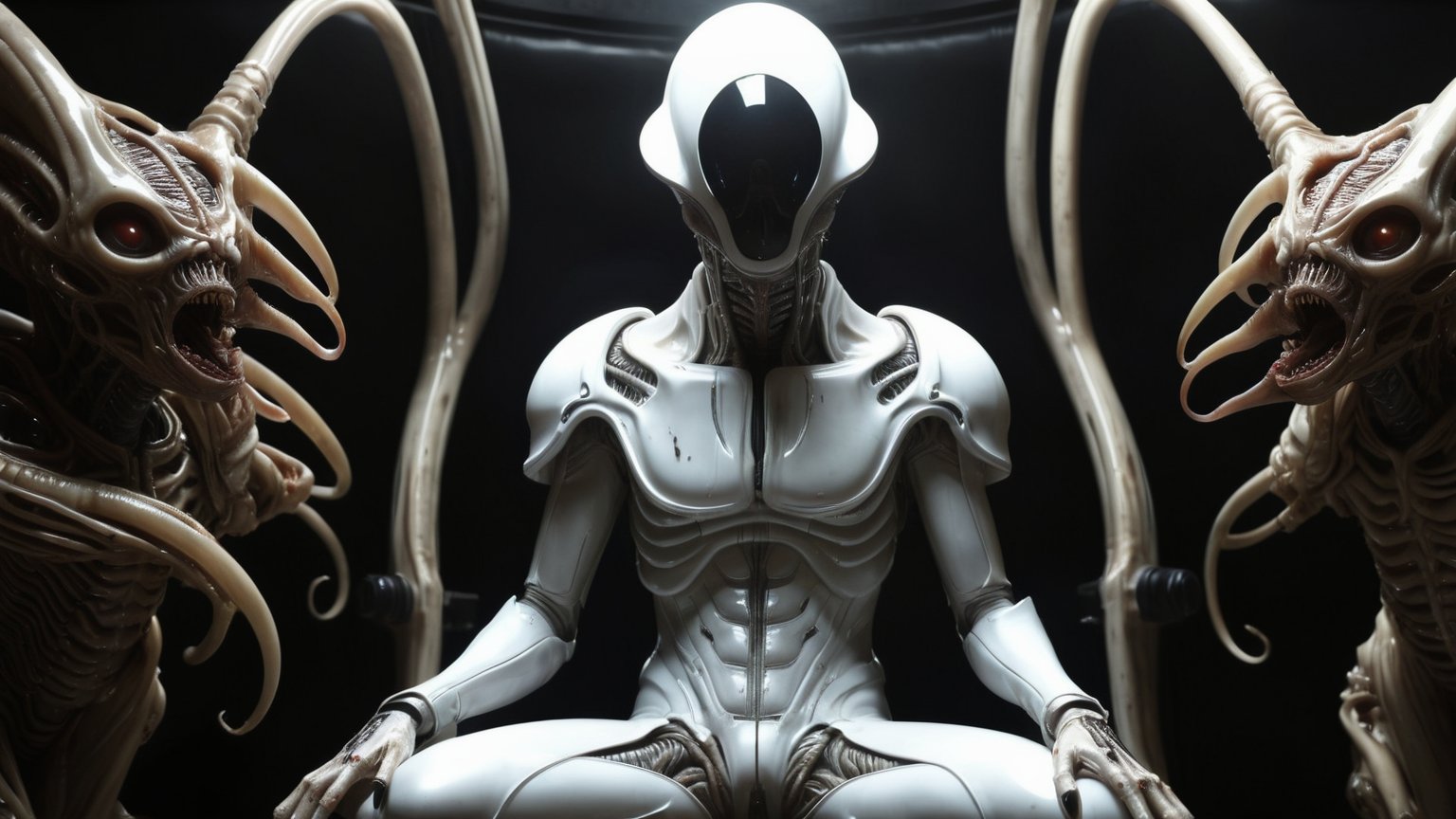 (((a huge H.R. Giger Alien Xenomorph looms over a frightened scientist in a white biohazard suit sitting in the corner))),...